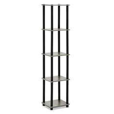 a black and white shelf with four shelves