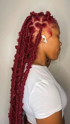 Cute Red Braids, Cute Hairstyles With Red Hair, Hairstyles For Red Hair Black Women, Red Butterfly Braids, Red Braid Styles, Red Hairstyles For Black Women Braids, Red Faux Locs Black Women, Red Hair Braids Black Women, Red Protective Hairstyles