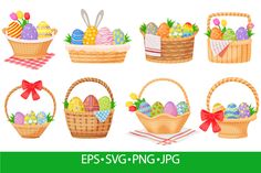 Cartoon Easter Baskets with Painted Eggs Easter Basket Illustration, Emote Ideas, Easter Drawings, Egg Vector, Basket Drawing, Easter Illustration, Painted Eggs, Easter Egg Basket, Chocolate Egg