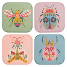 four square coasters with colorful bugs and flowers on the front one is pink, green, blue, and yellow