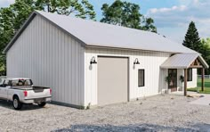 a truck is parked in front of a white building with a garage on the side