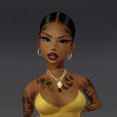 a woman with tattoos on her chest wearing a yellow top and gold jewelry, standing in front of a gray background