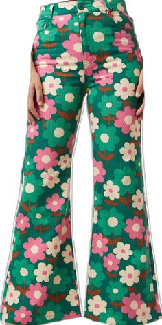 green Vintage Floral Print Pants For Fall, Retro High Waist Flare Jeans For Spring, Trendy Floral Print Cotton Jeans, Cotton Straight Leg Bottoms With Floral Print, Trendy Straight Leg Floral Print Pants, Straight Leg Cotton Bottoms With Floral Print, Spring Floral Print Wide Leg Bottoms, Retro Wide Leg Floral Bottoms, Retro Wide Leg Bottoms With Floral Print