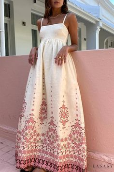 Lasaky - Bohemian Style Maxi Dress with Square Neckline and Pockets Coco Lola, Spaghetti Strap Long Dress, Cream Maxi Dress, Long Linen Dress, Spaghetti Strap Maxi Dress, Mini Robes, Printed Long Dresses, Sling Dress, Linen Maxi Dress