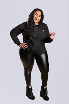 Runs Small - Order A Size Up Introducing our Faux Leather Leggings – a seamless blend of edgy aesthetics with unparalleled comfort. Crafted from high-quality faux leather, these leggings not only exude an effortless vibe but also deliver on performance. The curve-enhancing design hugs your body, providing a flattering silhouette will turn heads. The core compression technology ensures a snug fit while offering support where you need it most, giving you the freedom to conquer your day with unmatc Shiny Leggings Outfit, Turtle Neck Women, Plus Size Athleisure Outfits, Plus Size Workout Clothes, Tamela Mann, Faux Leather Leggings Outfit, Shiny Black Leggings, Leather Leggings Outfit, Black Capri Pants