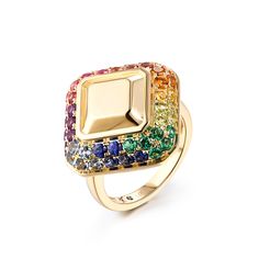 14K Gold -Available in 18k Gold upon request. Emerald Cut Goldstone™ Multicolor Stones Pave 2.40 Cts (Emerald, Ruby, Sapphire, Peridot, Garnet, Citrine, Amethyst and Blue Topaz) Please allow 6-8 weeks for delivery. All prices are in US Dollars. Rainbow Cocktail, Ombre Jewelry, Fancy Watches, Multicolor Jewelry, Cocktail Jewelry, Pearl And Diamond Ring, Bold Rings, Conceptual Photography, Ruby Sapphire