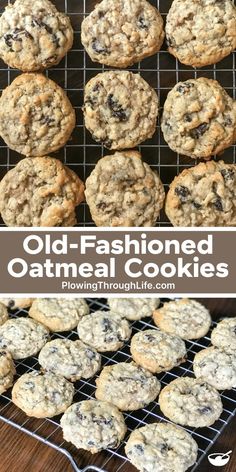 old - fashioned oatmeal cookies cooling on a wire rack with text overlay