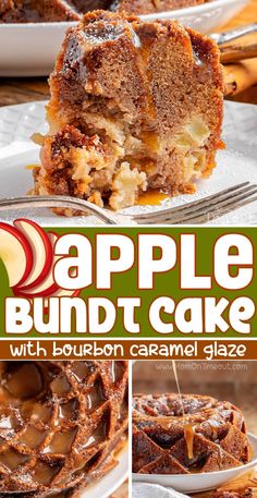 apple bundt cake with bourbon caramel glaze on the side and in front