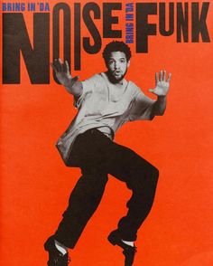 a man riding a skateboard on top of a red and black poster with the words noise in front of him