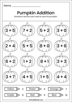 the pumpkin addition worksheet for kids to learn how to count numbers in one place