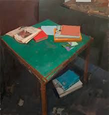 a green table topped with books and papers