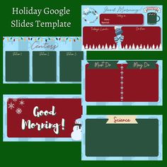 holiday google slides templates with snowmen and christmas decorations on the side, along with an image of santa's sleigh