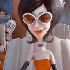 an animated woman wearing sunglasses in a room