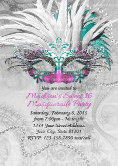 a masquerade party with pearls and feathers on the head, in teal blue