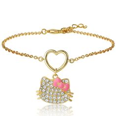 Add a touch of charm and sparkle to your style with the Sanrio Hello Kitty Pave Heart Charm Bracelet. Adorned with dazzling pave crystals, this adorable bracelet combines whimsical design with elegant flair for a perfect accessory. Gold Hello Kitty, Hello Kitty Bracelet, Hello Kitty Charm, Girly Bracelets, Sanrio Accessories, Hello Kitty Makeup, Hello Kitty Jewelry, Kitty Accessories, Hello Kitty Accessories