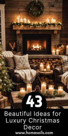 a living room filled with furniture and christmas trees in front of a fire place surrounded by candles