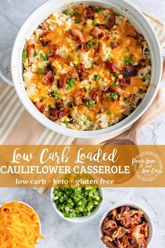 low carb loaded cauliflower casserole in a white dish surrounded by other ingredients