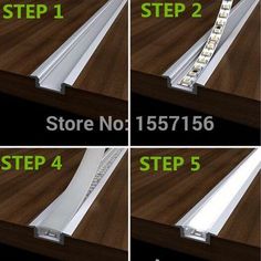 four steps showing how to install the led strip for recessed cabinet doors and drawers