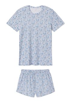 LAKE | Women | Pima Cotton Pajamas | Delft Blue Garden Floral Crew Shorts Set Blue Floral Print Short Sleeve Sleepwear, Blue Floral Print Sets With Relaxed Fit, Blue Short Sleeve Sleepwear For Spring, Blue Short Sleeve Sets For Daywear, Blue Short Length Sets For Spring, Floral Print Relaxed Fit Sets With Short Sleeve, Blue Floral Print Short Sleeve Sets, Pajama Style, Bridal Fabric