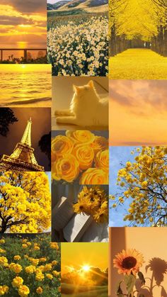 a collage of yellow flowers and trees with the eiffel tower in the background