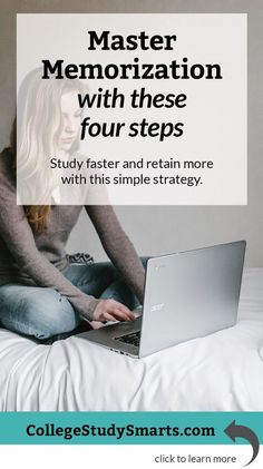 a woman sitting on top of a bed using a laptop computer with text overlay reading master memoion with these four steps