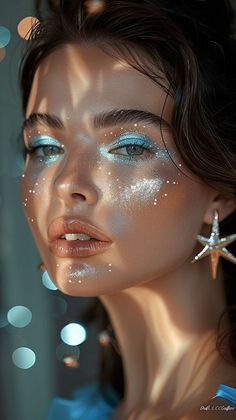 Mystical Eye Makeup, Blue Mermaid Makeup Looks, Mermaid Shoot Ideas, Space Cowboy Makeup Look, Mystical Makeup Looks, Light Blue Silver Makeup, Magic Makeup Looks, Water Goddess Makeup, Mermaid Scale Makeup