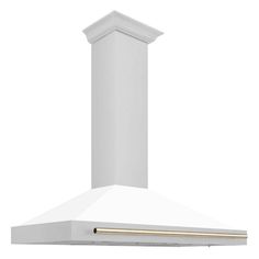 a white wall mounted range hood with gold trim