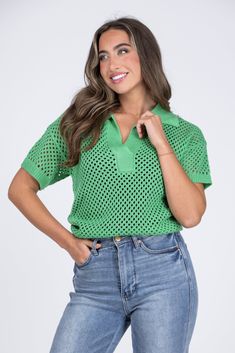 Feel like you got a hole-in-one, in the Got An Ace Top from Heyson. This top features an open knit design, collared neckline with a V-neck split, and a ribbed knit design along the hemline, cuffs and neckline. Pair with denim and flats for a day out. Fabric: 100% Acrylic Measurements: Bust (Size M): 22"Length (Size M): 22" True To Size S 0-6 M 6-10 L 10-14 Spring V-neck Polo Sweater With Ribbed Collar, Knit Polo Sweater For Spring, Spring Knit Polo Sweater With Collared Neckline, Casual Spring Knit Top With Collared Neckline, Casual Collared Knit Top For Spring, Casual Collared Neckline Knit Top For Spring, Spring Polo Sweater In Pointelle Knit, Green Knit Collared Tops, Spring V-neck Tops With Ribbed Collar