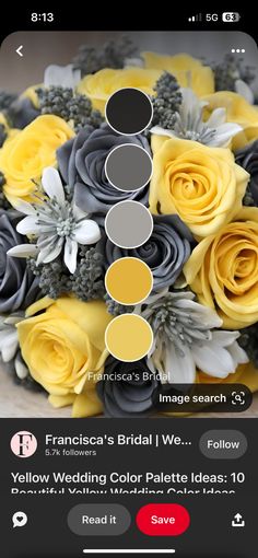 a bouquet with yellow and gray flowers on it, the color scheme is shown below