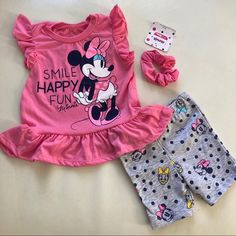 New 3 Pieces Playful Mickey Mouse Cotton Sets, Minnie Mouse Cotton Summer Sets, Summer Cotton Minnie Mouse Sets, Cute Mickey Mouse Cotton Bottoms, Casual Pink Minnie Mouse Set, Playful Cartoon Print Shorts For Playwear, Playful Cartoon Print Playwear Shorts, Casual Mickey Mouse Playtime Set, Cute Mickey Mouse Cotton Sets