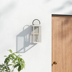 a white wall mounted light next to a door with a potted plant in front of it