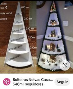 a christmas tree made out of bookshelves is shown next to a height comparison