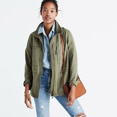 New With Tags Madewell Fleet Jacket In A Women’s Size Xs. Army Olive Green Color. “A Figure-Defining Drawcord Waist Streamlines A Heritage Military Jacket Cut From Lightweight Cotton. A Chic Stand Collar And A Handful Of External Pockets Equip The Style For Everyday Functionality.” Front Zip Closure. Stand Collar. Long Sleeves With Single Snap Button Cuffs. Front Patch And Zip Pockets. 100% Cotton. Machine Wash Cold, Tumble Dry Low. Measurements Lying Flat: 18” Armpit To Armpit 26” Long 23” Slee Madewell Fleet Jacket, Green Cargo Jacket, Madewell Jacket, Green Utility Jacket, Army Green Jacket, Fresh Summer, Cargo Jacket, Jacket Outfit, Chore Jacket