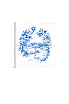 a blue and white drawing of a pond with trees in the water, on a white background