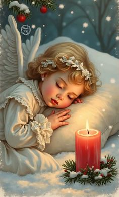 an angel sleeping next to a lit candle