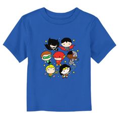 Watch out, villains! You don't stand a chance against one of these officially licensed DC Comics Justice League styles! This unique Adorable Team Toddlers' Graphic T-Shirt features chibi versions of Batman, Superman, Green Lantern, Flash, Cyborg, Aquaman, and Wonder Woman striking their iconic poses, along with yellow stars printed across the front. Get your little ones this new apparel and watch them join the ranks of the Justice League today! Superhero Kid Shirt, Superman Outfit, Red Superhero T-shirt With Character Print, Blue Superhero T-shirt With Character Print, Superhero T-shirt With Front Print, Planet Logo, Superhero Cotton T-shirt With Character Print, Superman T Shirt, Everyday Heroes