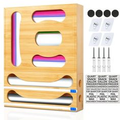 the wooden holder has four different compartments for pens and magnets on it, along with 4 pairs of earplugs