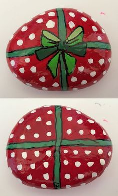 two images of painted rocks with bows and hearts on them, one has a green ribbon