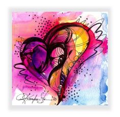 an abstract painting with a heart in the center and words written on it's side