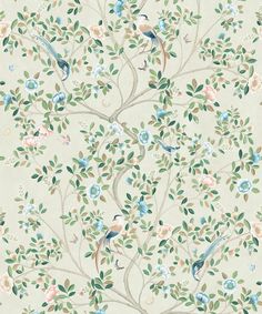 a wallpaper with birds and flowers on the tree branch in pastel blue, green, pink and white colors