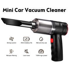 the mini car vacuum cleaner is shown with instructions on how to clean and use it