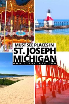 the beach and pier at st joseph michigan with text overlay that reads must see places in st joseph michigan