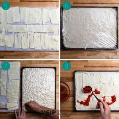 four pictures showing how to make an uncooked pizza with cheese and tomato sauce