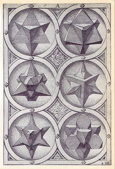 four dimensional shapes are shown in black and white ink on an old book page with circles around them