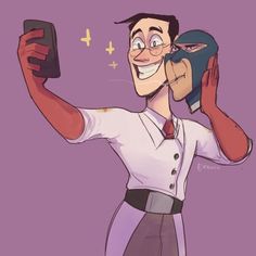 a cartoon character holding a cell phone up to his face