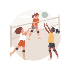 three girls playing volleyball together in front of a net