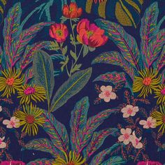 an image of flowers and leaves on a dark blue background with pink, green, yellow, and red colors