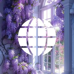 an image of a window with purple flowers on the outside and white cross in the middle