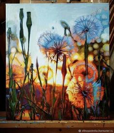 an oil painting of dandelions in the sunset