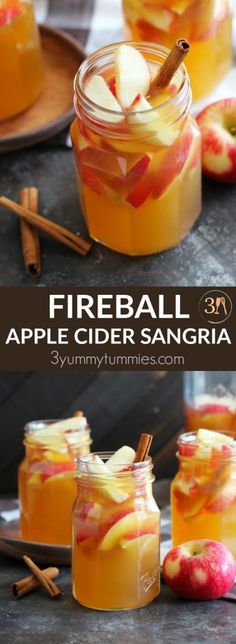 three jars filled with apple cider sangria and cinnamon sticks